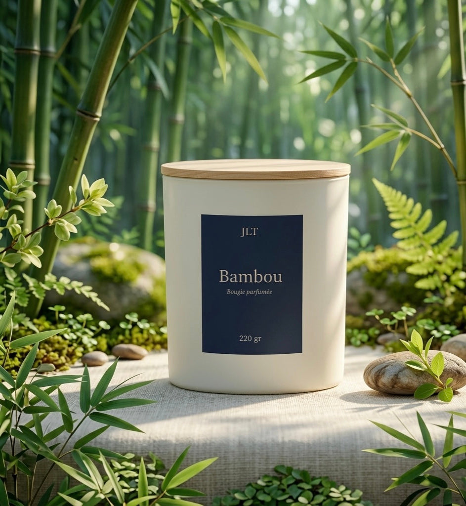 Bougie parfumée Bambou JLT au cœur d’un décor de bambous