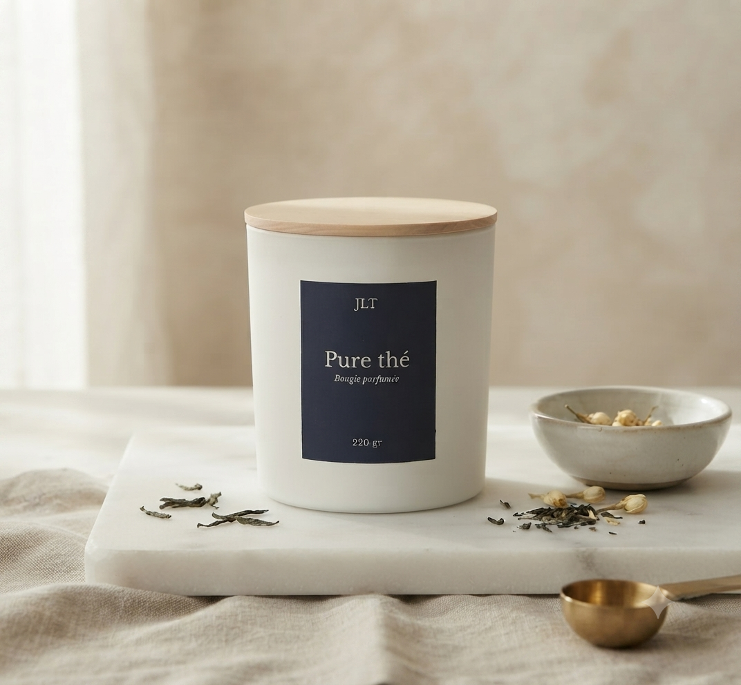 Bougie parfumée Pure thé JLT en cire végétale, présentée sur un socle clair avec des feuilles de thé et des éléments naturels.