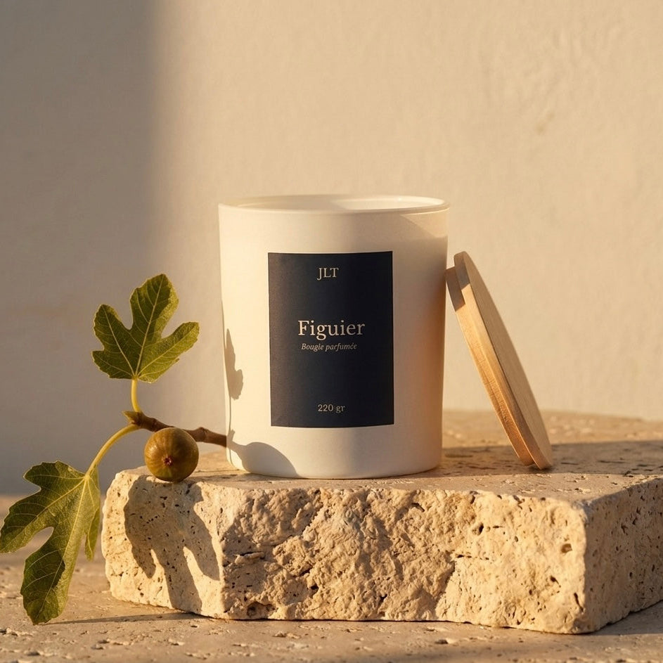 Bougie parfumée Figuier JLT avec branche de figuier et lumière chaude de fin de journée dans une ambiance méditerranéenne épurée.