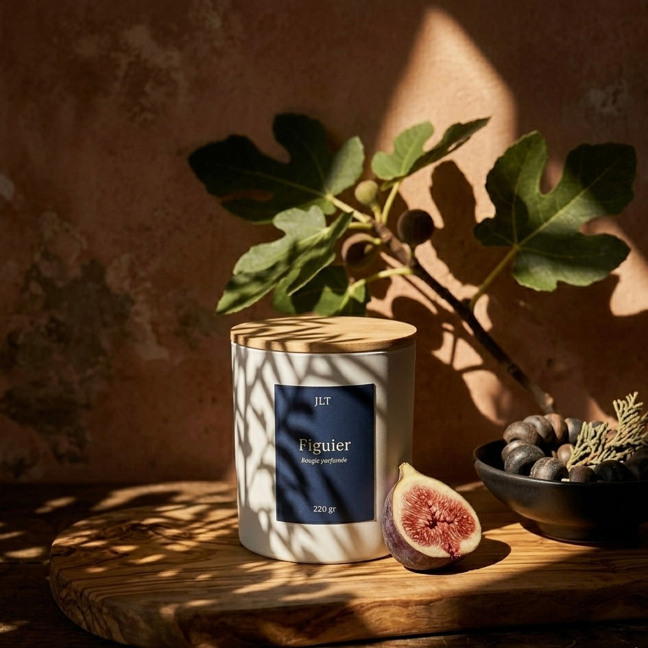 Bougie parfumée Figuier JLT avec figues fraîches et feuillage dans une ambiance chaleureuse et méditerranéenne.