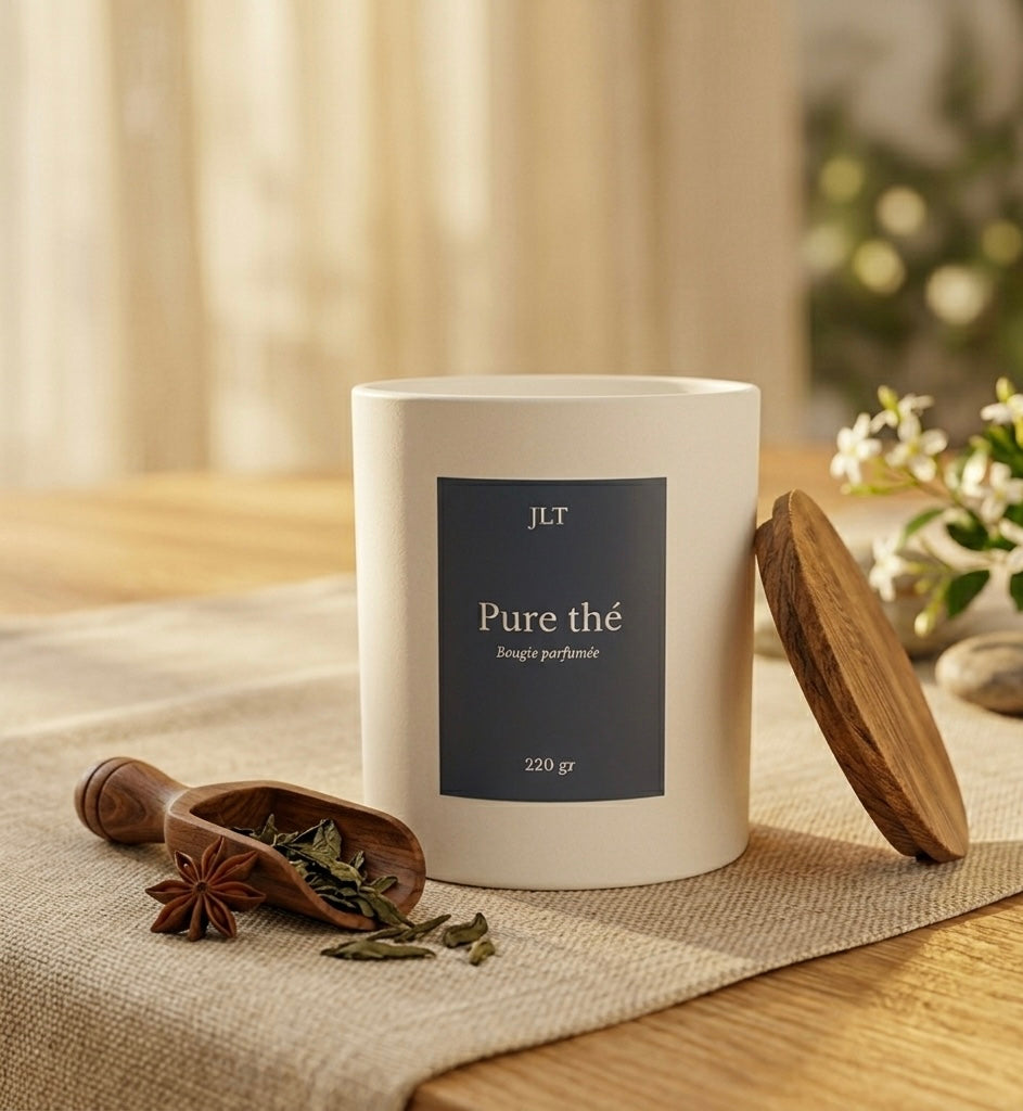 Bougie parfumée Pure thé JLT avec feuilles de thé et ambiance lumineuse et apaisante aux notes fraîches et naturelles.