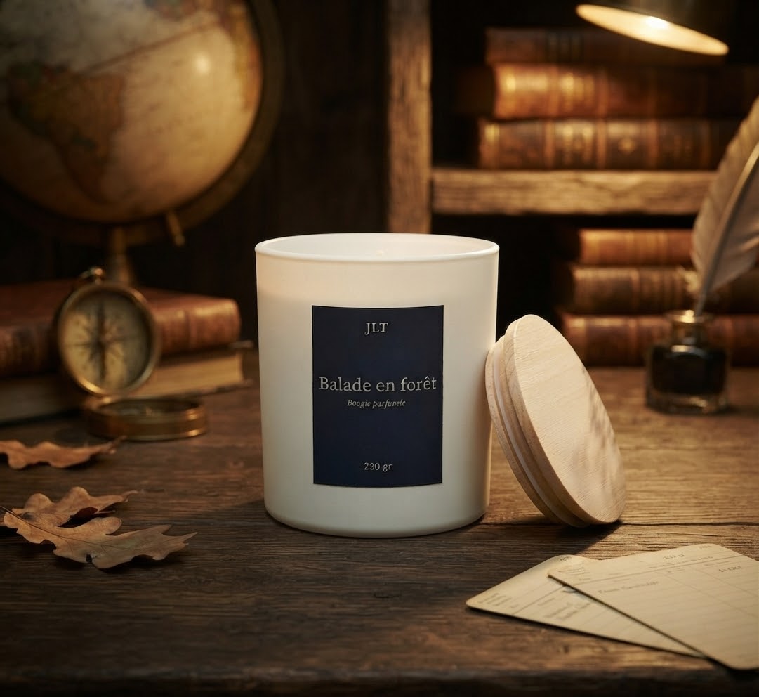 Bougie parfumée Balade en forêt JLT dans une ambiance automnale chaleureuse aux accents boisés et enveloppants.
