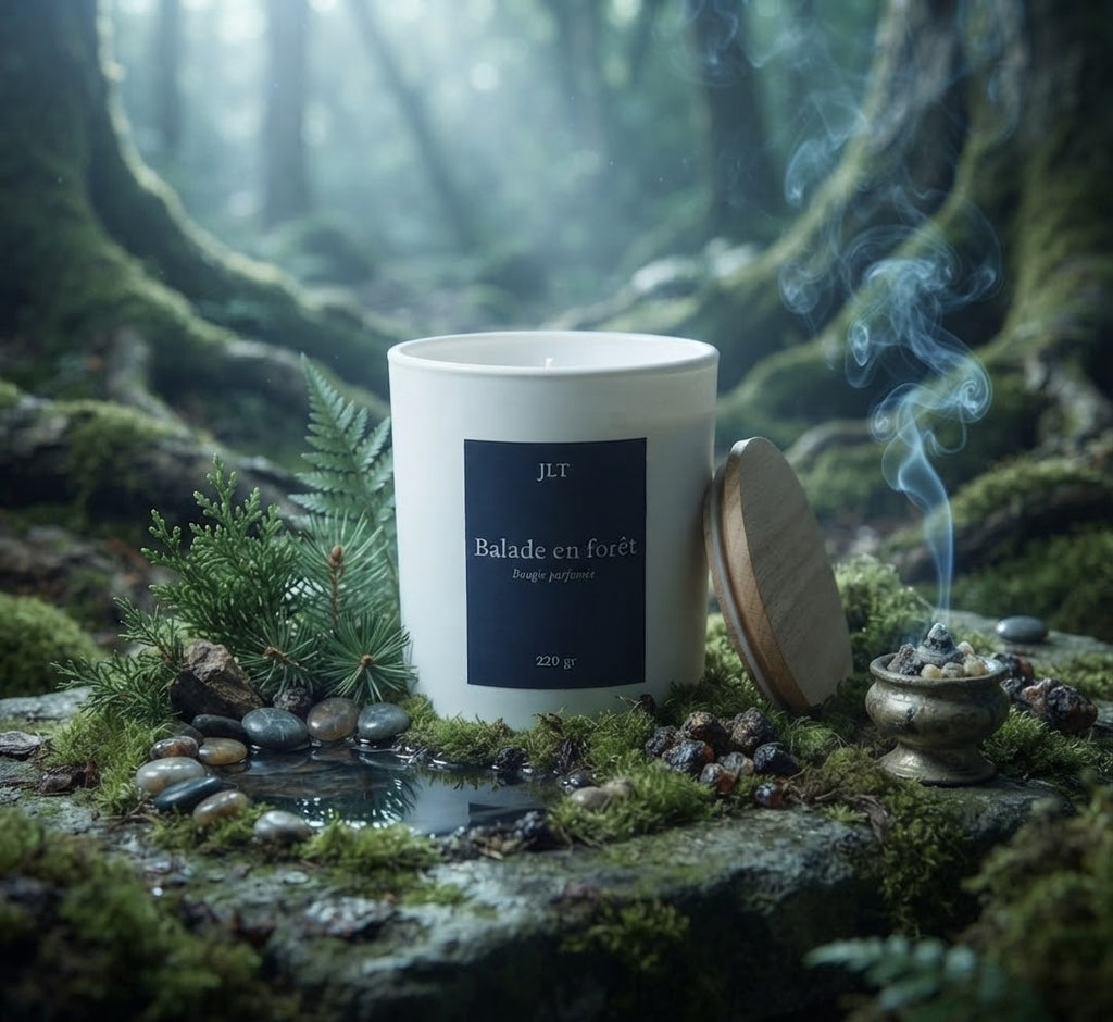 Bougie parfumée Balade en forêt JLT dans une ambiance boisée, entre mousse, conifères, eau et notes d’encens.