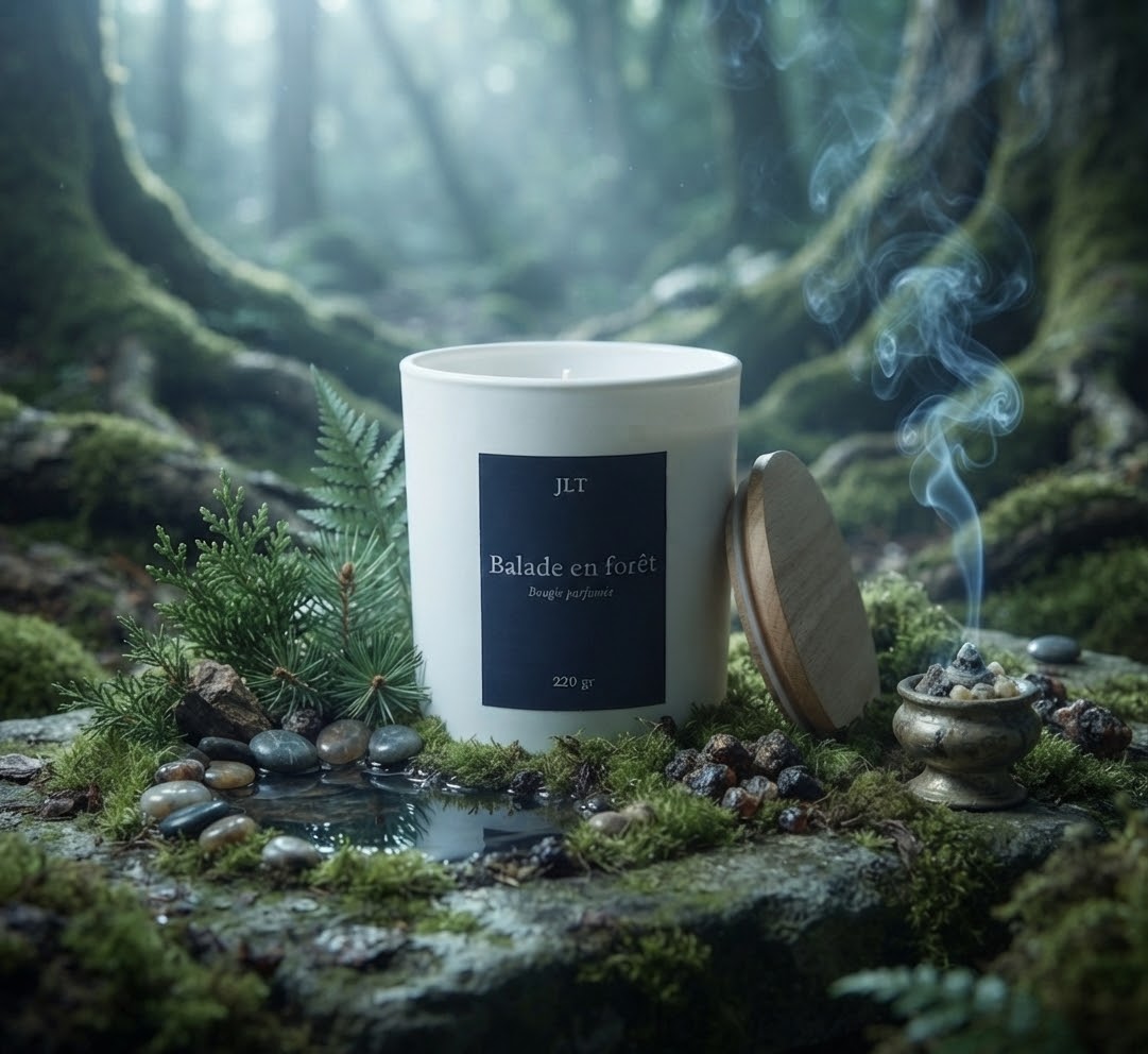 Bougie parfumée Balade en forêt JLT dans une ambiance boisée, entre mousse, conifères, eau et notes d’encens.