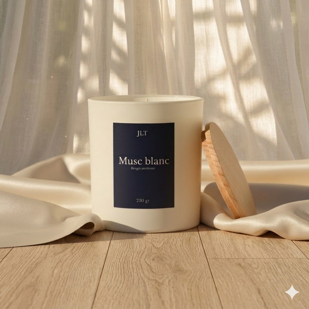 Bougie parfumée Musc blanc JLT Bougies 220g posée sur un tissu clair avec lumière douce et ambiance élégante