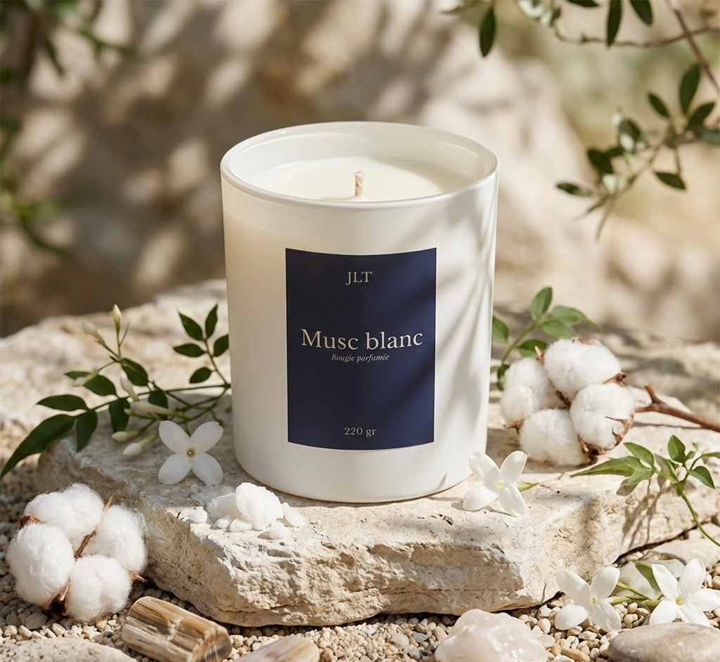 Bougie Musc blanc JLT présentée avec du coton et des fleurs blanches dans une ambiance lumineuse