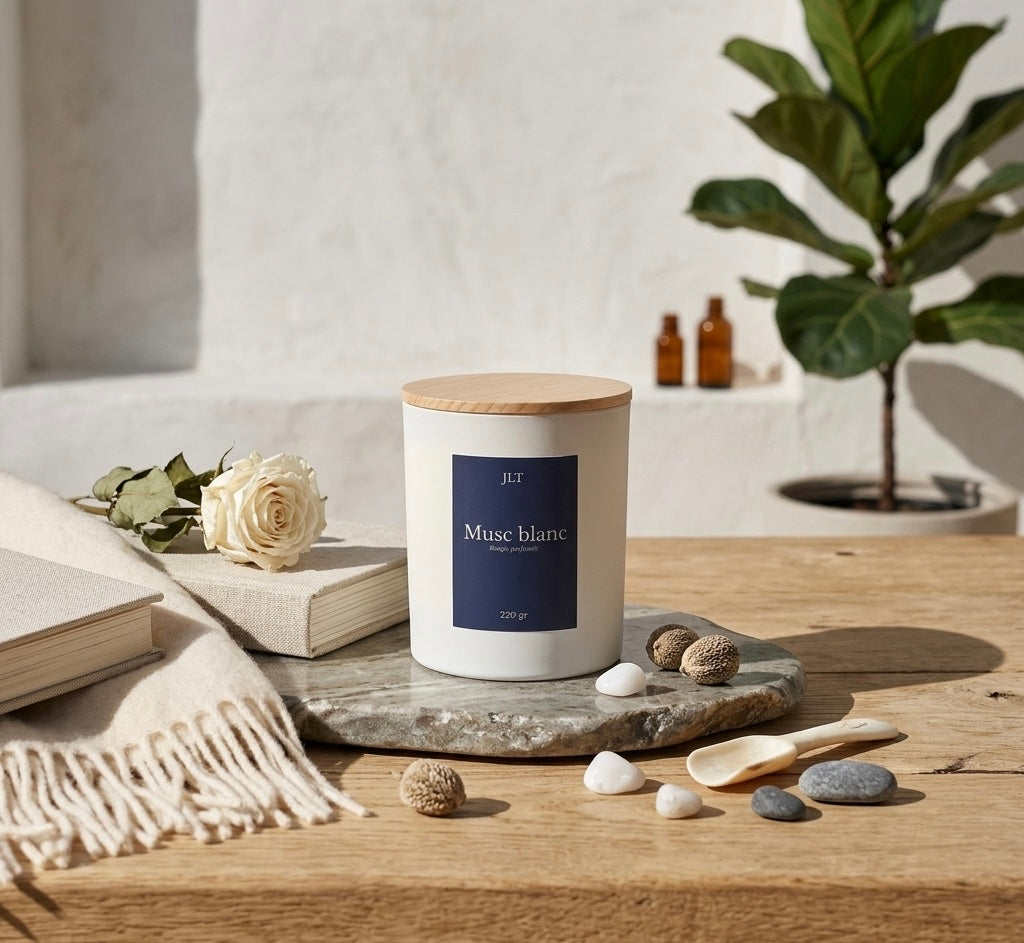 Bougie Musc blanc JLT dans un intérieur épuré avec une rose blanche et des matières naturelles