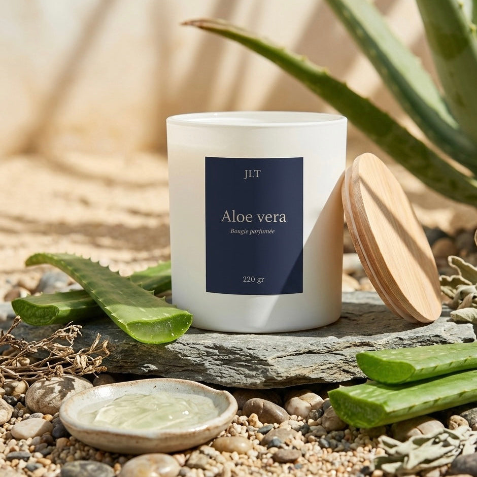 Bougie parfumée Aloe vera JLT avec feuilles d’aloe vera et couvercle en bois dans une ambiance végétale et apaisante.