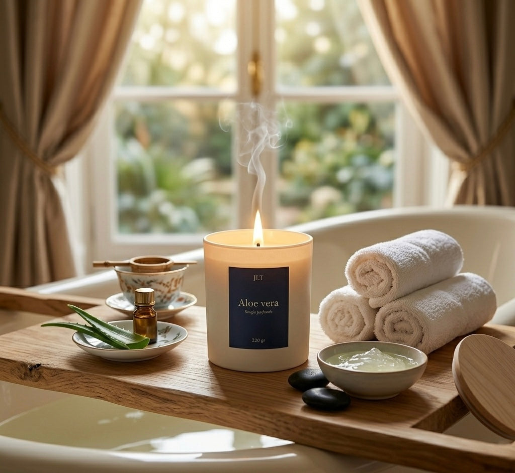 Bougie parfumée Aloe vera JLT 220 g allumée dans une ambiance douce et relaxante