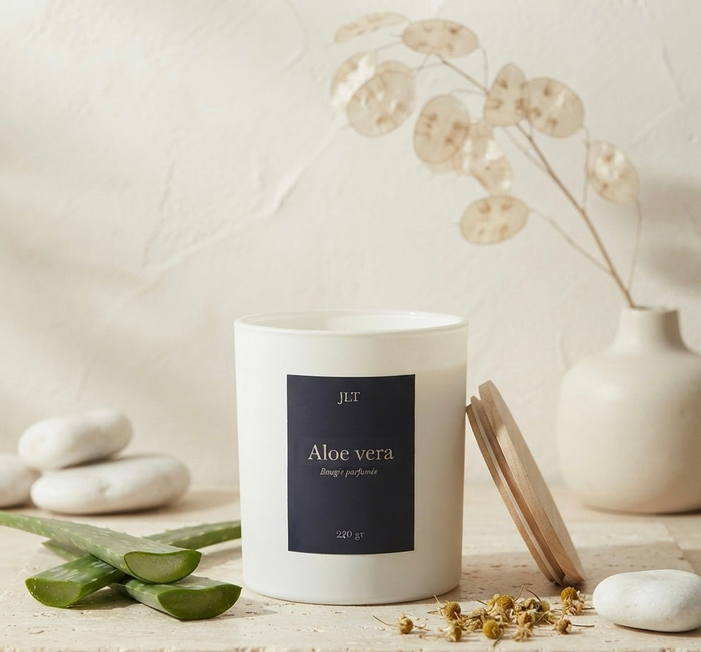 Bougie parfumée Aloe vera JLT 220 g dans une ambiance naturelle, douce et épurée