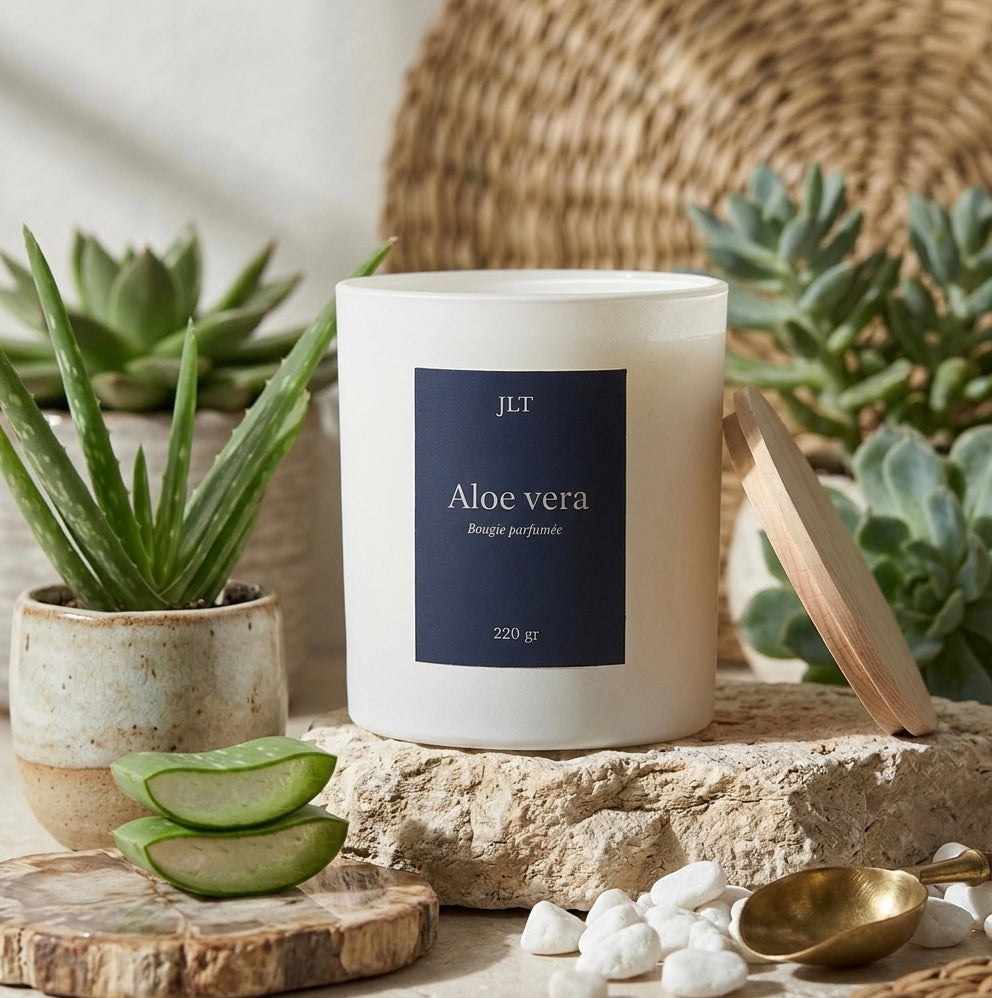 Bougie parfumée Aloe vera JLT 220 g dans une ambiance végétale naturelle avec aloe vera