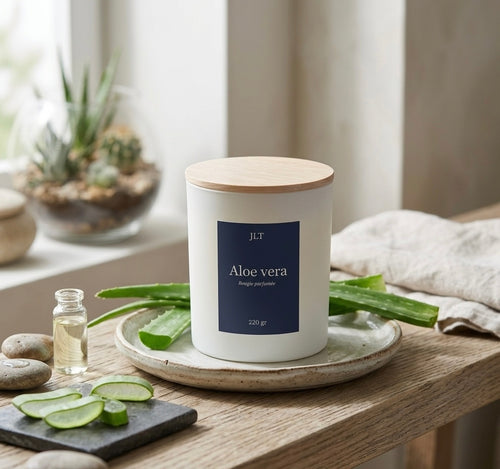 Bougie parfumée Aloe vera JLT 220 g présentée dans un intérieur naturel et lumineux