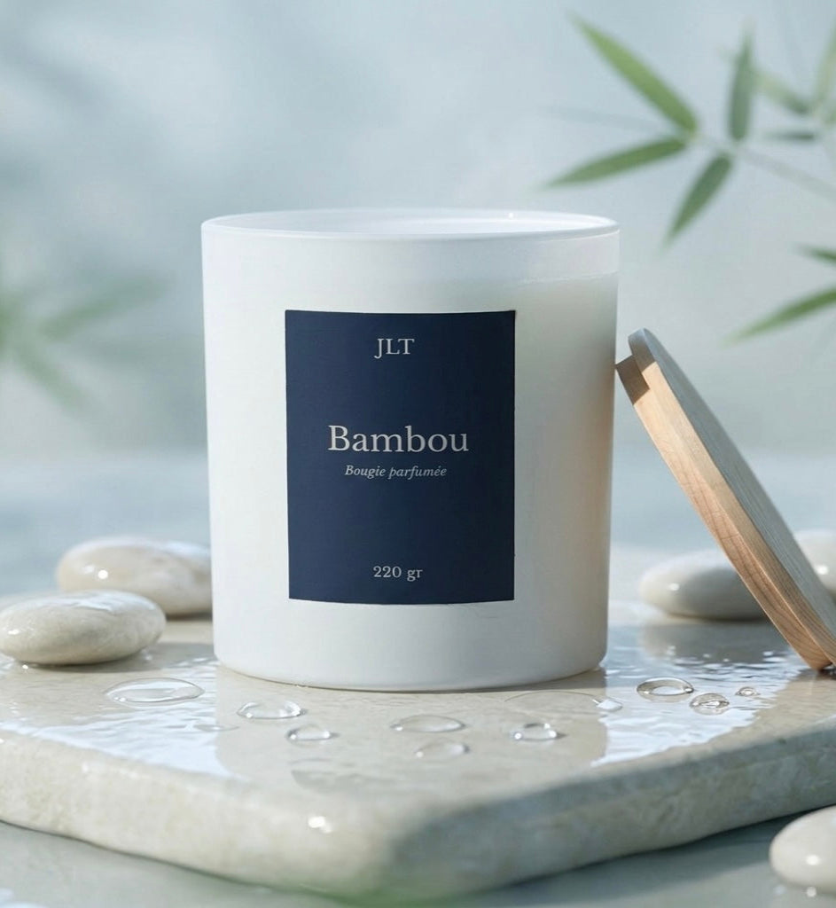 Bougie parfumée Bambou JLT dans une ambiance fraîche et minérale
