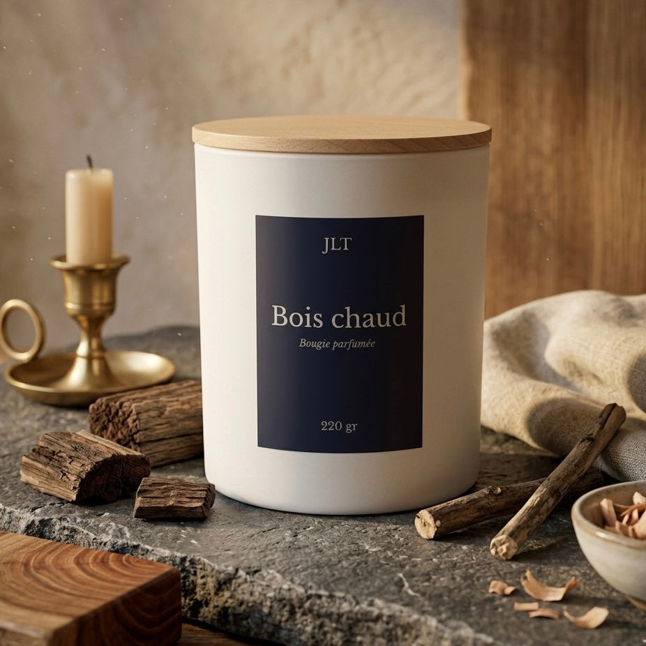 Bougie parfumée Bois chaud JLT 220 g dans une ambiance intérieure chaleureuse aux notes boisées et épicées.
