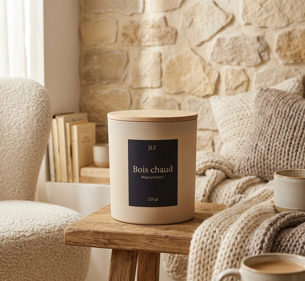 Bougie parfumée Bois chaud JLT 220 g dans une ambiance chaleureuse avec bois et textiles naturels