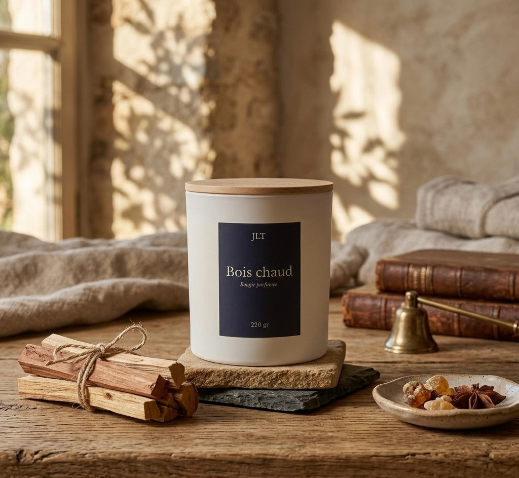 Bougie parfumée Bois chaud JLT 220 g présentée avec des bois et matières naturelles