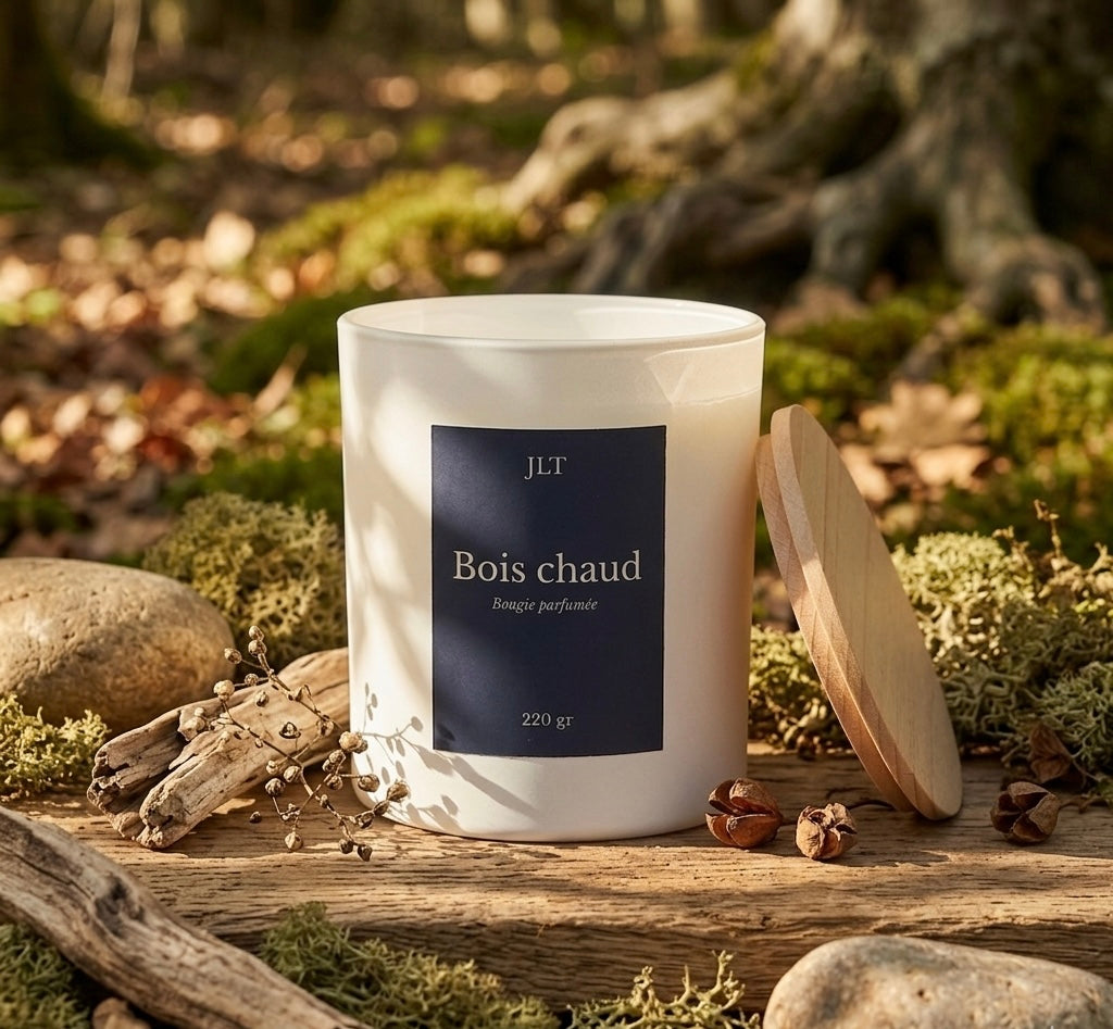 Bougie parfumée Bois chaud JLT 220 g dans un décor boisé inspiré de la nature