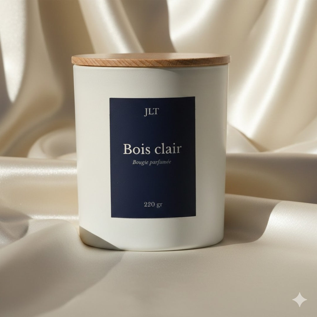 Bougie parfumée Bois clair JLT en verre blanc mat étiquette bleu nuit dans une ambiance lumineuse sur drap ivoire