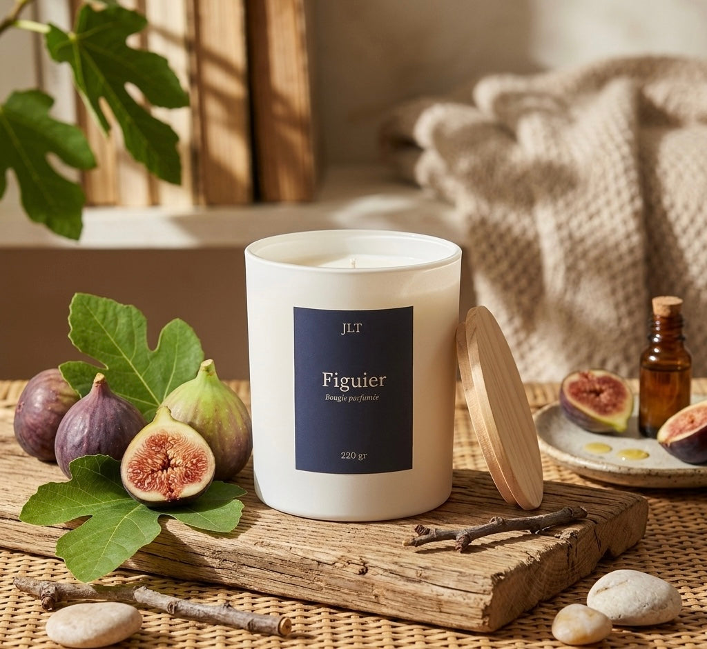 Bougie parfumée Figuier JLT 220 g entourée de figues dans une ambiance intérieure chaleureuse
