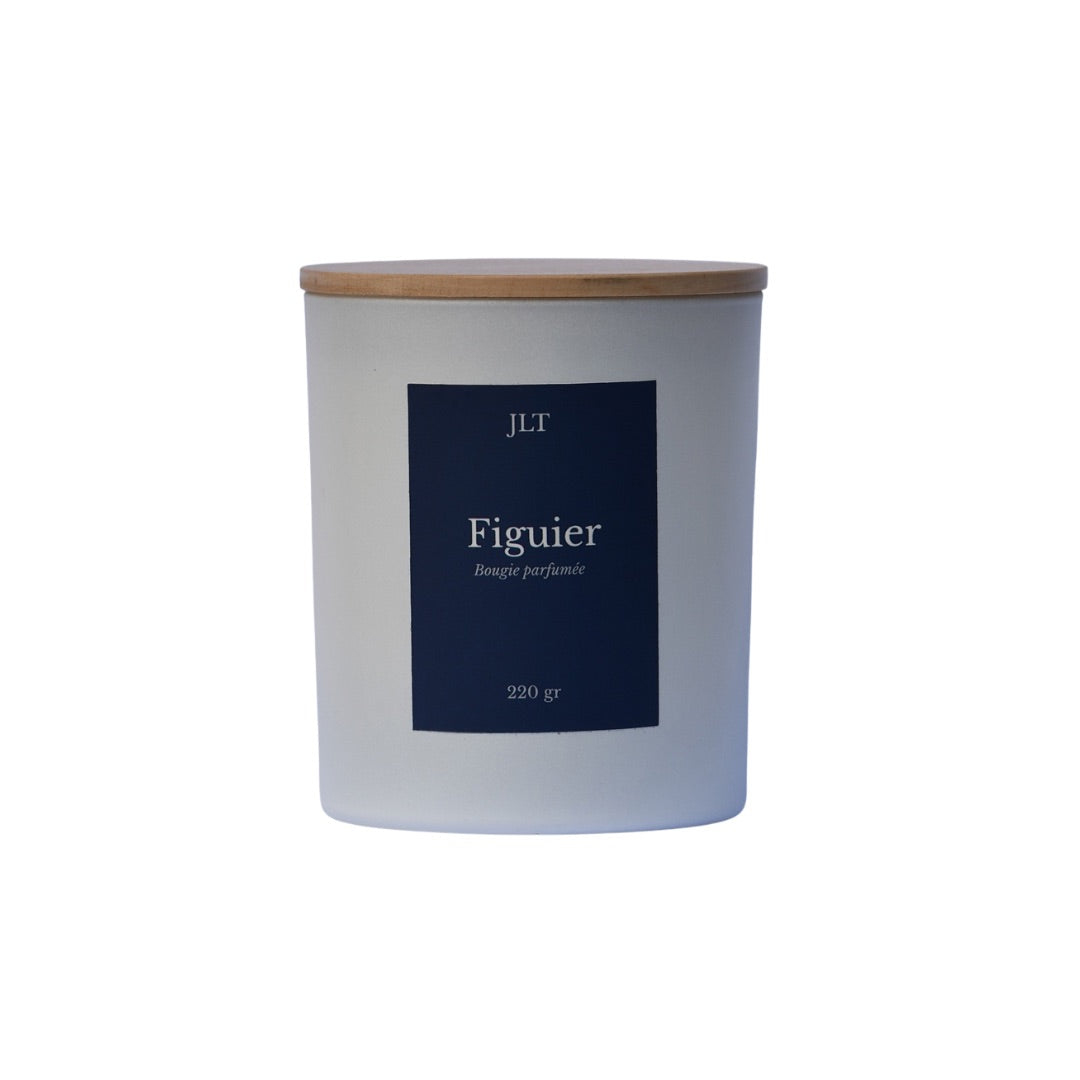 Bougie parfumée Figuier JLT 220g en verre blanc mat étiquette bleu nuit