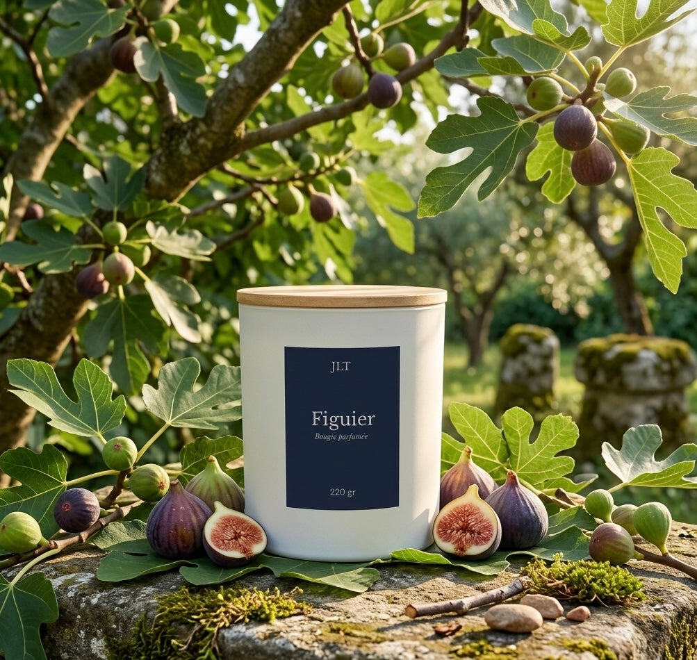 Bougie parfumée Figuier JLT 220 g présentée sous un figuier avec feuilles et figues