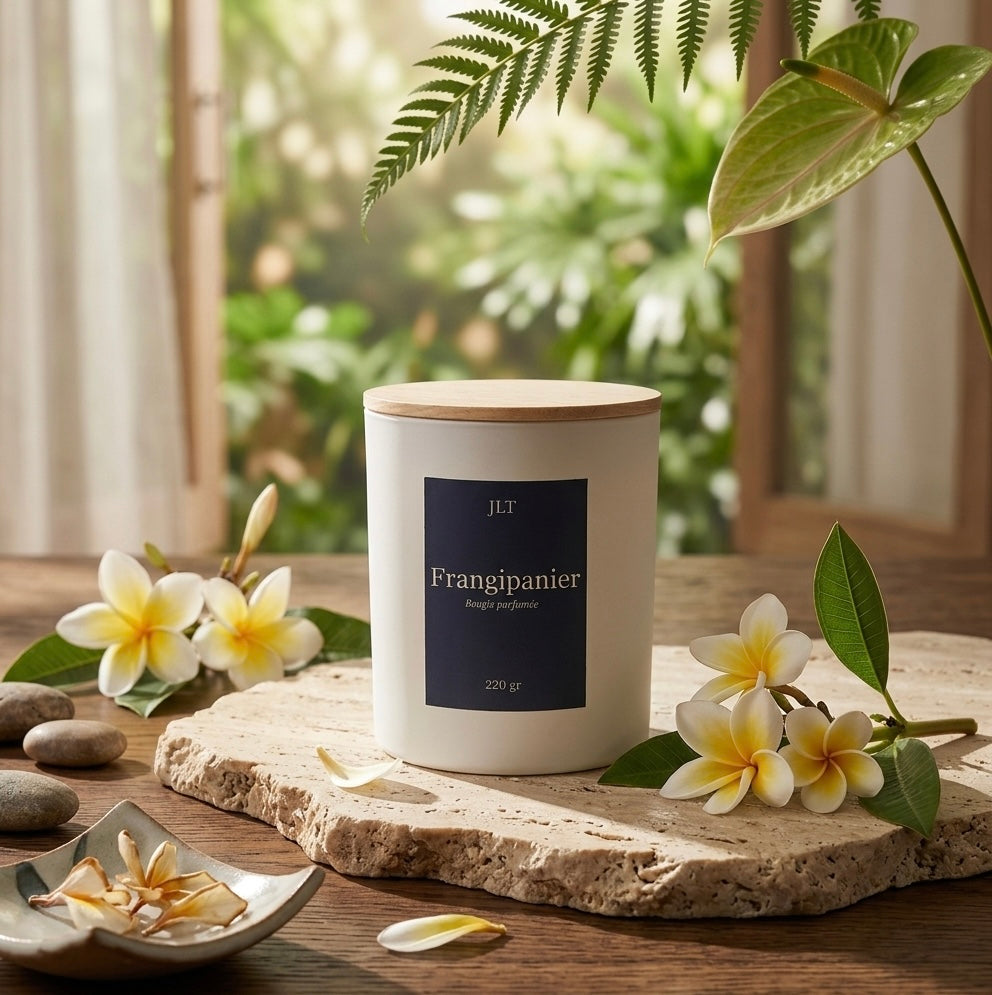 Bougie parfumée Frangipanier JLT 220 g entourée de fleurs dans un décor végétal