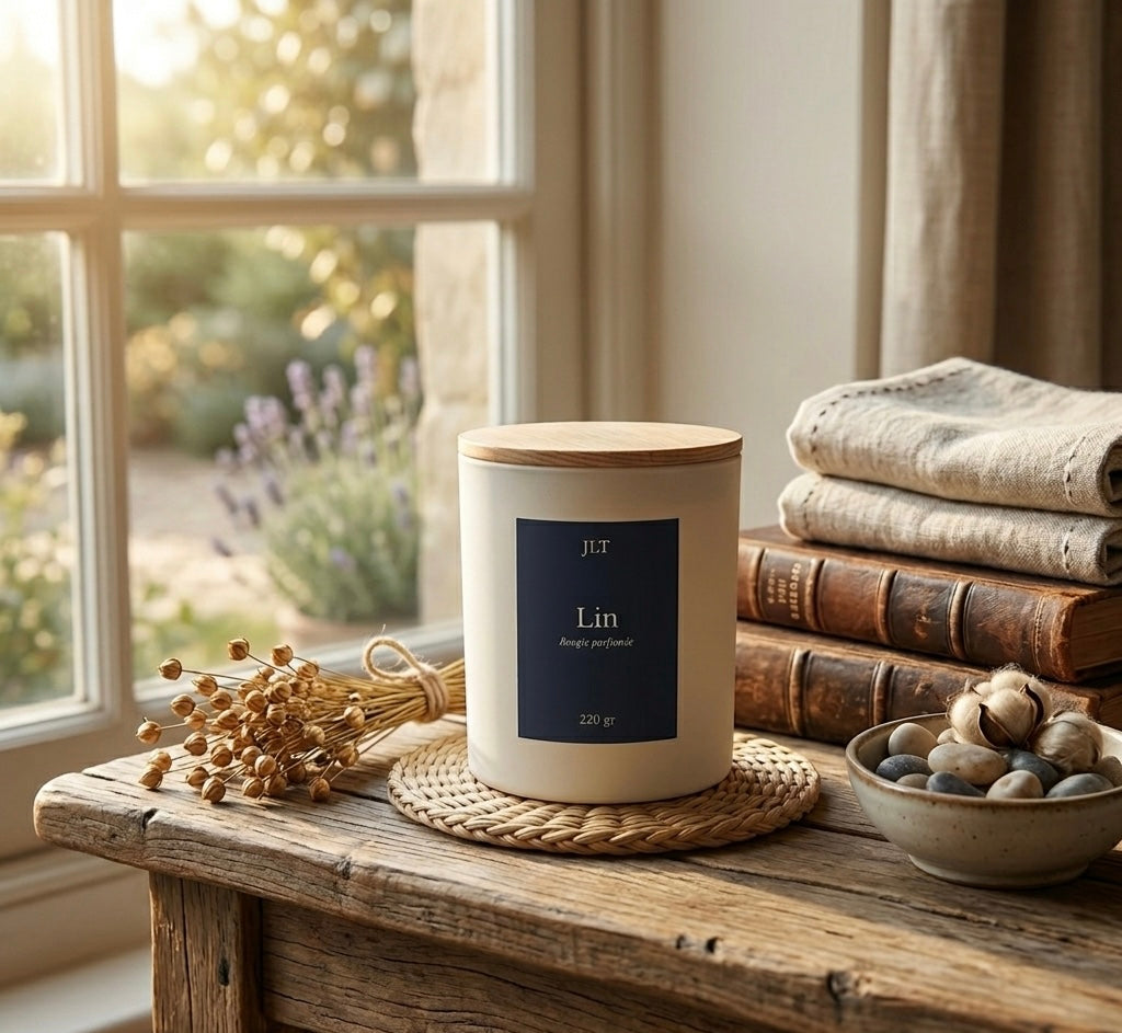 Bougie parfumée Lin JLT 220 g dans une ambiance naturelle avec textiles en lin et lumière douce