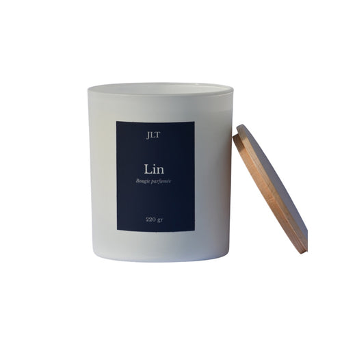 Bougie parfumée Lin JLT 220g en verre blanc mat étiquette bleu nuit avec couvercle en bois