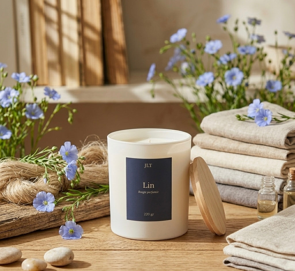 Bougie parfumée Lin JLT 220 g entourée de linge naturel et de fleurs bleues