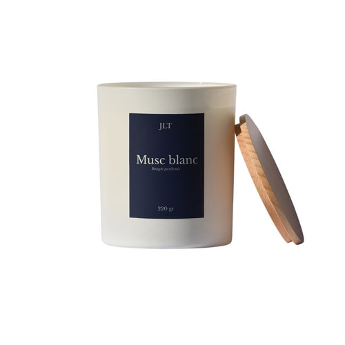 Bougie parfumée Musc blanc JLT 220g en verre blanc mat étiquette bleu nuit avec couvercle en bois