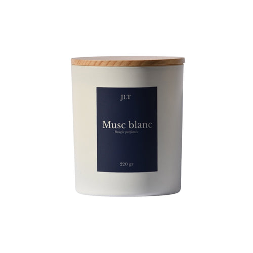 Bougie parfumée Musc blanc JLT 220g en verre blanc mat étiquette bleu nuit