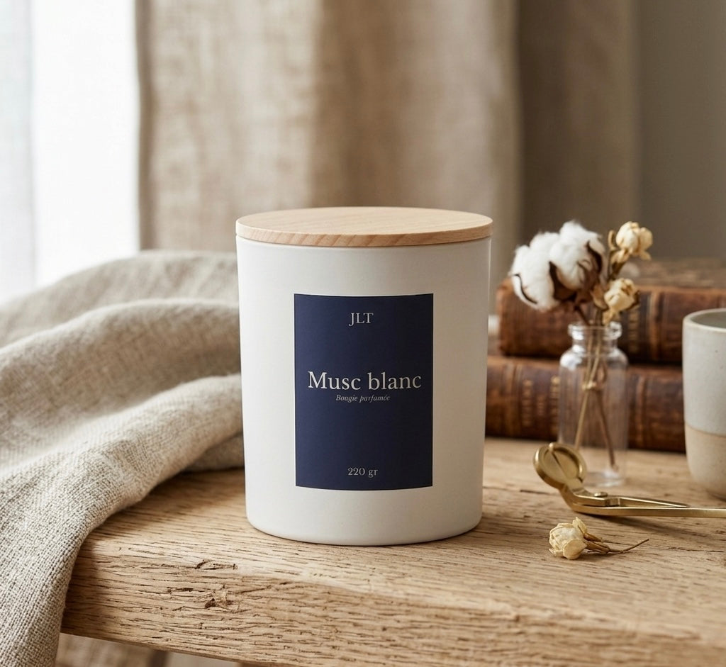 Bougie parfumée Musc blanc JLT 220 g dans une ambiance intérieure douce et chaleureuse