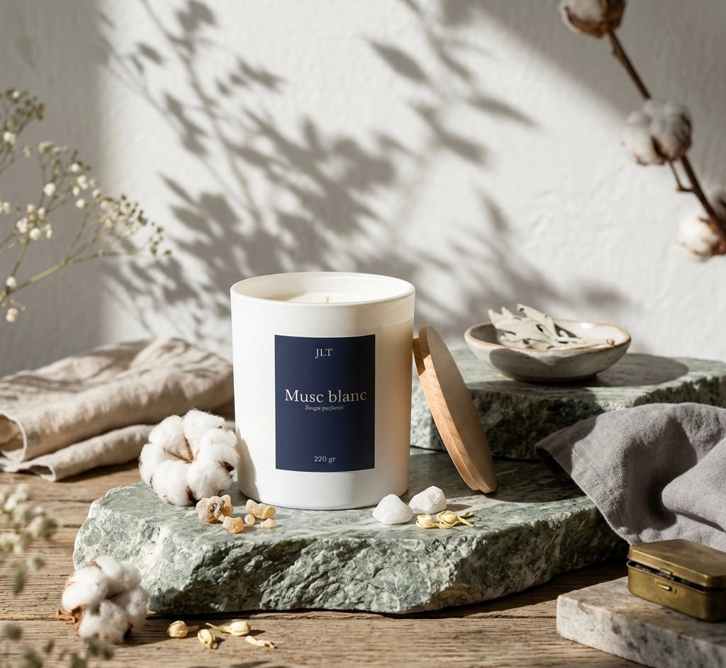 Bougie parfumée Musc blanc JLT sur pierre naturelle dans une ambiance douce et apaisante