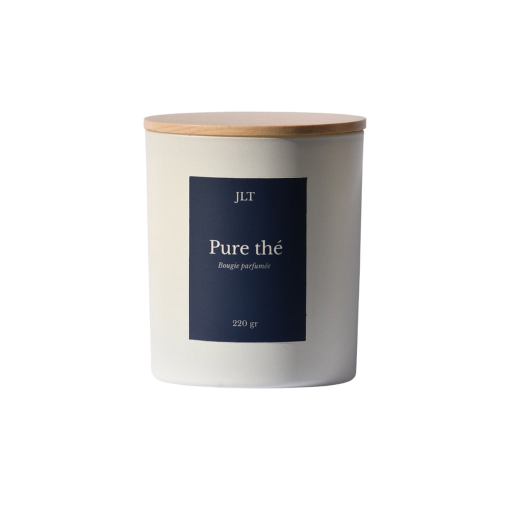 Bougie parfumée Pure Thé JLT 220g en verre blanc mat étiquette bleu nuit