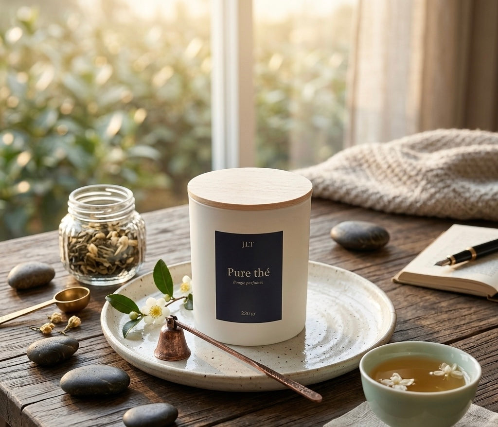 Bougie parfumée Pure thé JLT 220 g dans une ambiance calme avec tasse de thé et carnet