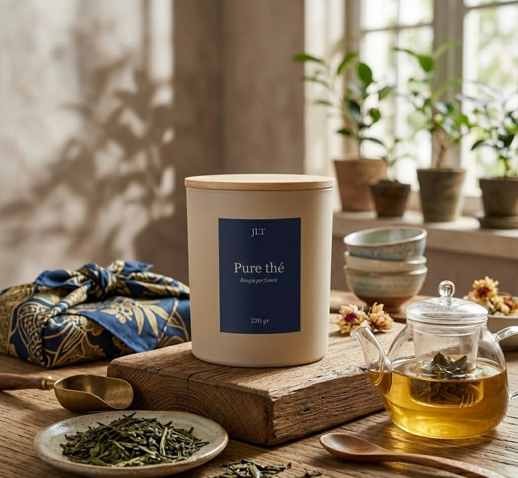 Bougie parfumée Pure thé JLT 220 g accompagnée de thé et d'une théière en verre