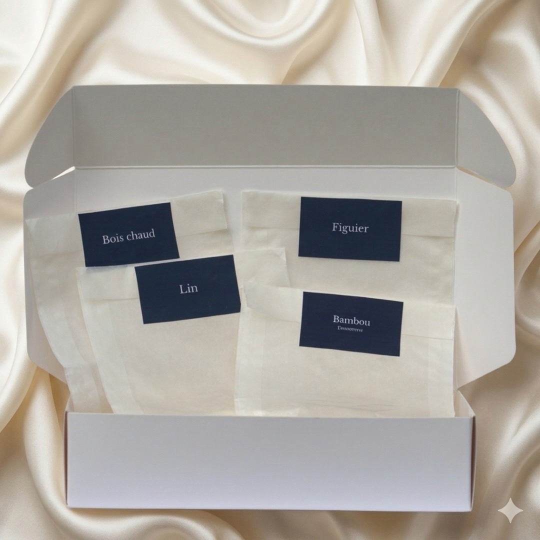 Coffret découverte de fondants parfumés JLT contenant les parfums Bois chaud, Lin, Figuier et Bambou